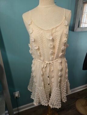 fab'rik Cream Textured Sundress with Pom Details